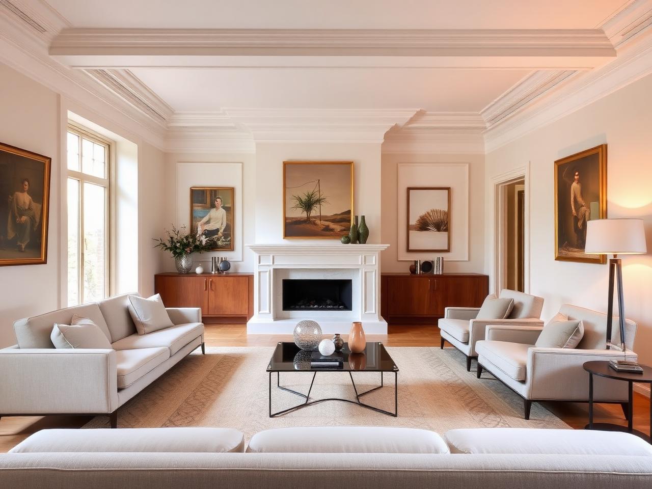 Illustration d'ambiance : séjour d'appartement ancien avec moulures et parquet